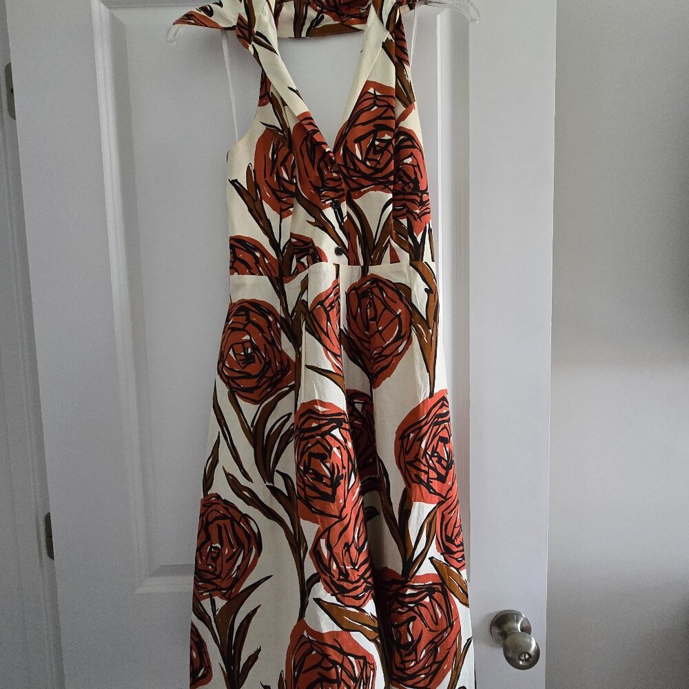 Ivory Floral Halter Midi Dress with Rust Rose Print